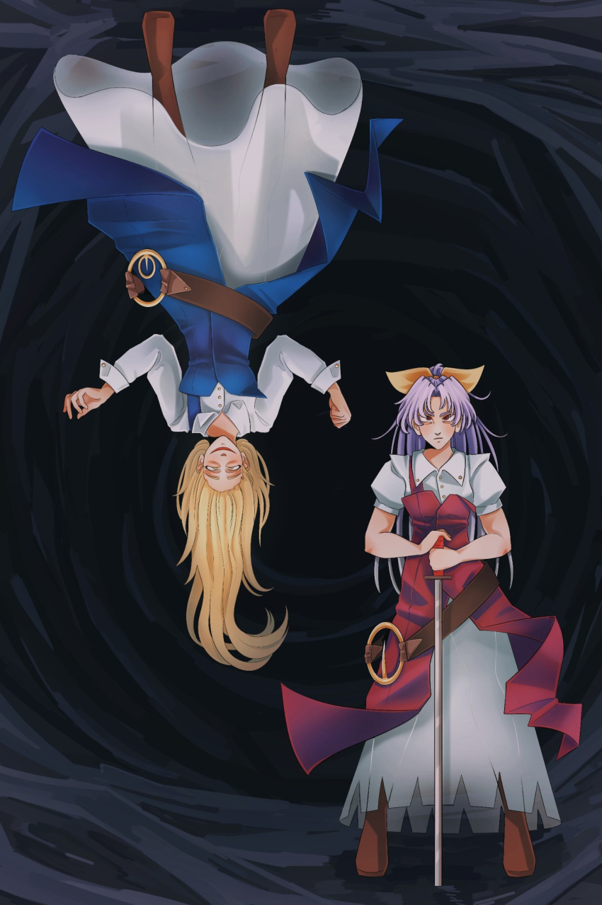 2girls blonde_hair boots evil_grin evil_smile grin hair_up highres holding holding_sword holding_weapon indoors katana koishi_komeiji's_heart-throbbing_adventure long_hair lunatic-lunarian multiple_girls outstretched_arms purple_hair shirt siblings sisters smile sword touhou upside-down very_long_hair watatsuki_no_toyohime watatsuki_no_yorihime weapon white_shirt