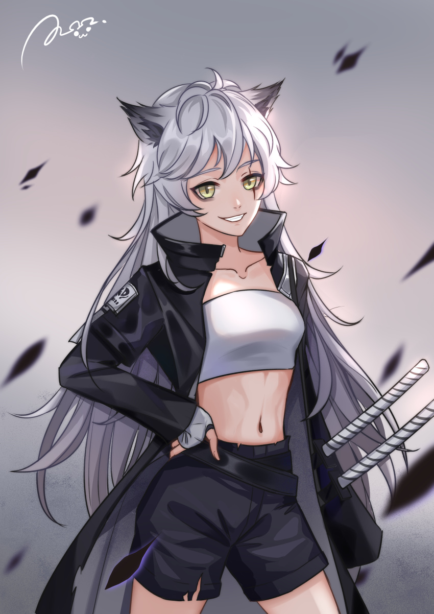 1girl absurdres animal_ears arknights bangs black_coat black_shorts coat collarbone commentary cowboy_shot fingerless_gloves gloves grey_background grey_eyes grin hand_on_hip highres lappland_(arknights) long_hair long_sleeves looking_at_viewer midriff navel open_clothes open_coat shorts silver_hair smile solo standing stomach strapless tube_top very_long_hair white_gloves wolf_ears yunjiang_zhanzhaji