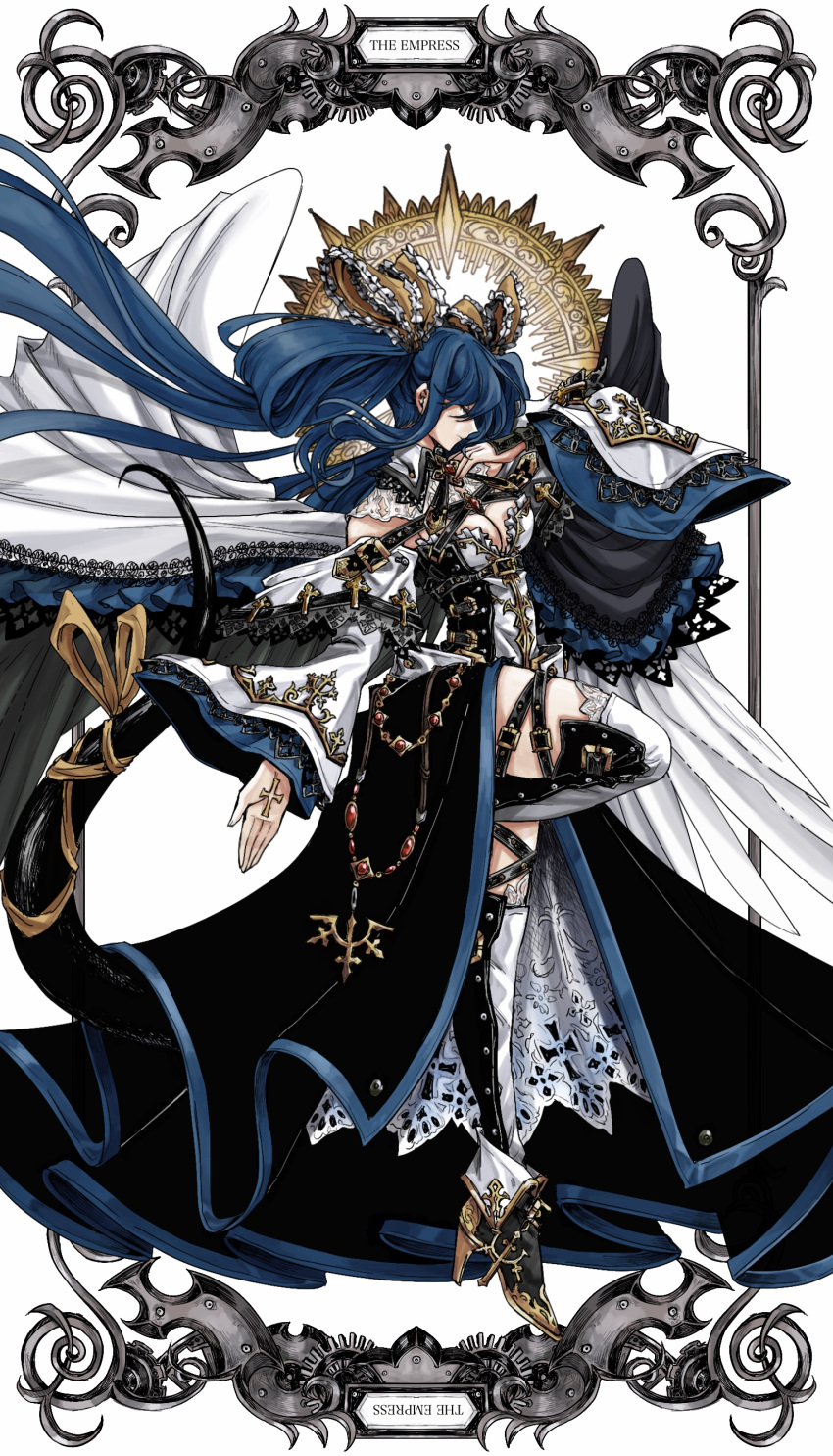 1girl absurdres angel_wings asymmetrical_wings bangs belt black_legwear blue_hair breasts closed_eyes cross detached_sleeves dizzy_(guilty_gear) dong_hole dress formal frilled_dress frilled_sleeves frills from_side gown guilty_gear guilty_gear_xrd hair_ribbon hair_rings high_heels highres jewelry large_breasts long_hair multiple_belts necklace ribbon solo stiletto_heels tail tail_ornament tail_ribbon tarot thigh-highs thigh_strap white_background wide_sleeves wings yellow_ribbon