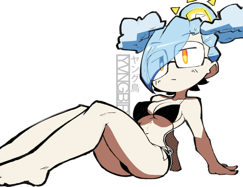 1girl bikini black_bikini blue_hair closed_mouth clown full_body glasses hair_over_eyes hand_on_ground highres one_eye_covered orange_eyes original simple_background sitting solo sun swimsuit white_background yellow_eyes yungbird