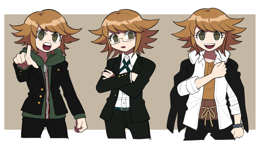 1boy :d bangs black_jacket black_pants brown_background brown_eyes brown_hair collarbone collared_shirt commentary cosplay cropped_legs crossed_arms danganronpa:_trigger_happy_havoc danganronpa_(series) dress_shirt fujisaki_chihiro furukawa_(yomawari) glasses green_hoodie hagakure_yasuhiro hagakure_yasuhiro_(cosplay) highres hood hoodie jacket multiple_views naegi_makoto naegi_makoto_(cosplay) open_clothes open_jacket open_mouth pants pointing pointing_at_viewer shiny shiny_hair shirt smile standing togami_byakuya togami_byakuya_(cosplay) white_shirt zipper