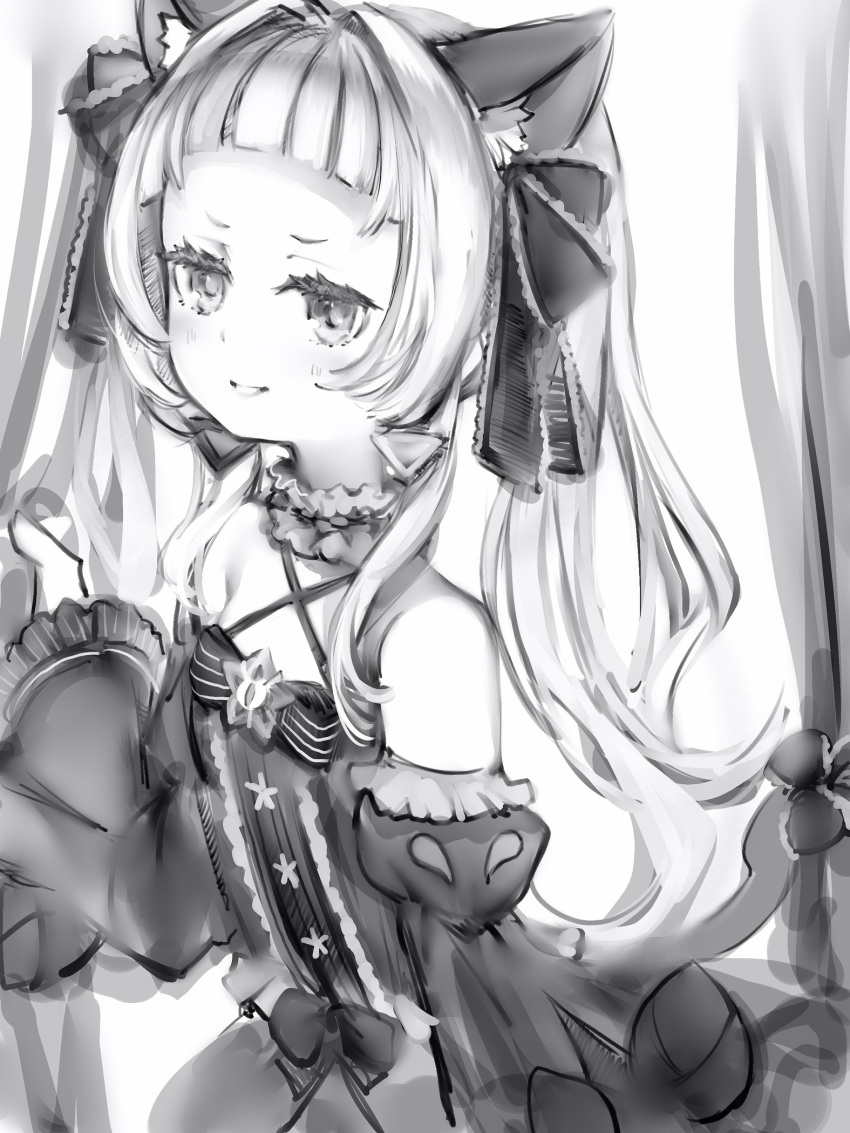 1girl animal_ears bangs blunt_bangs bow cat_ears cat_tail cross-laced_footwear detached_sleeves flat_chest greyscale hair_bow hand_up highres hololive juliet_sleeves long_hair long_sleeves looking_at_viewer monochrome murasaki_shion nanashi_(nlo) puffy_sleeves smile solo tail tail_bow tail_ornament