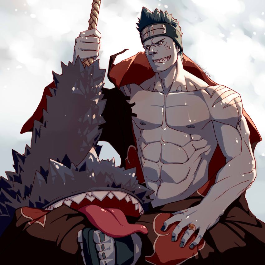 1boy abs absurdres akatsuki_(naruto) bare_pectorals blue_hair fins fish_boy forehead_protector grin hadanugi_dousa highres holding holding_sword holding_weapon hoshigaki_kisame jewelry male_focus muscular muscular_male naruto naruto_(series) navel nipples pectorals ring samehada_(naruto) sharp_teeth short_hair sitting smile snowing solo spiky_hair stomach sword teeth tongue tongue_out weapon wincalblanke