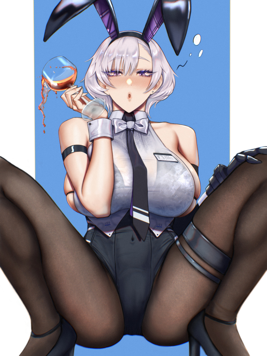 1girl animal_ears ass azur_lane bare_shoulders bikini bikini_under_clothes black_legwear bow breasts cup drinking_glass fake_animal_ears gloves high_heels highres hihizaru_badass large_breasts looking_at_viewer necktie official_alternate_costume pantyhose playboy_bunny rabbit_ears reno_(azur_lane) reno_(reno_bunnino)_(azur_lane) silver_hair solo spread_legs squatting swimsuit violet_eyes