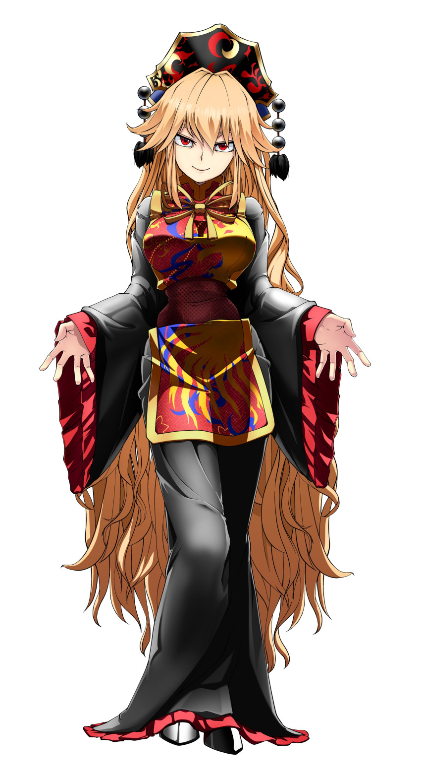 1girl absurdres blonde_hair breasts chinese_clothes frilled_sleeves frills hair_between_eyes high_heels highres junko_(touhou) kikoka_(mizuumi) large_breasts long_hair long_sleeves looking_at_viewer outstretched_arms phoenix_crown red_eyes sash smile solo standing tabard tassel touhou wide_sleeves yellow_neckwear