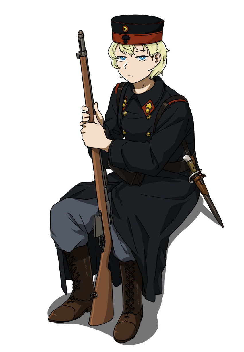1girl anyan_(jooho) black_coat black_headwear blonde_hair blue_eyes boots brown_footwear closed_mouth coat frown full_body grey_pants gun hat highres holding holding_weapon knife long_sleeves looking_at_viewer military military_uniform original pants rifle sheath sheathed short_hair simple_background sitting solo uniform weapon white_background world_war_i