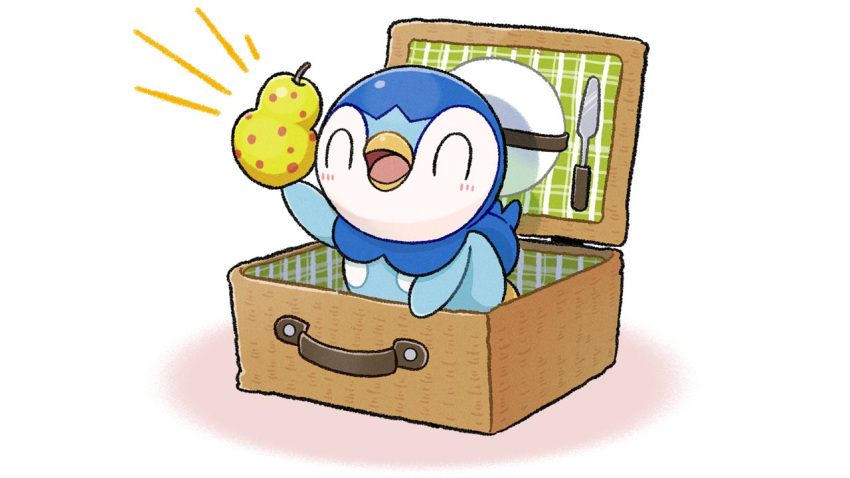 berry_(pokemon) blush closed_eyes commentary_request gen_4_pokemon holding lunchbox no_humans official_art open_mouth piplup plaid plate pokemon pokemon_(creature) project_pochama sitrus_berry smile solo tongue