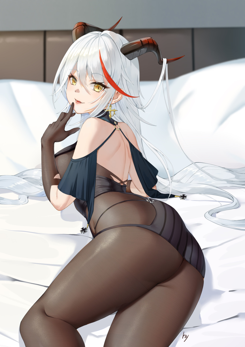 1girl absurdly_long_hair absurdres aegir_(azur_lane) ass azur_lane backless_outfit bare_shoulders bareback black_gloves black_skirt bodystocking breast_curtains breasts cross cross_earrings demon_horns earrings finger_to_mouth gloves hair_between_eyes hair_on_horn heiyu highres horns iron_cross jewelry large_breasts long_hair looking_at_viewer looking_back lying microskirt multicolored_hair on_bed on_side redhead skin_tight skirt solo streaked_hair underbust very_long_hair white_hair yellow_eyes