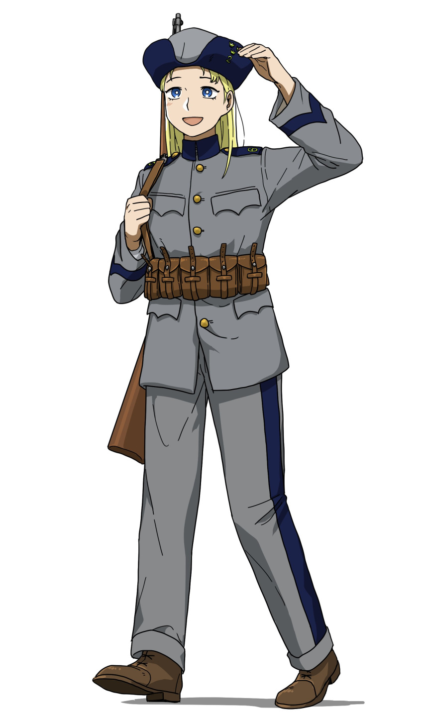 1girl absurdres anyan_(jooho) belt belt_pouch blonde_hair blue_eyes brown_footwear full_body grey_headwear grey_jacket grey_pants hat highres jacket long_hair military military_uniform open_mouth original pants pouch rifle_on_back shoes simple_background smile solo uniform walking white_background world_war_i