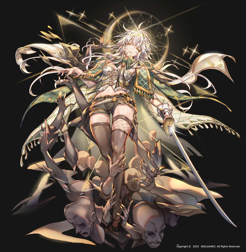 1girl bare_shoulders black_background black_legwear breasts brown_eyes cape gloves hero_cantare highres holding holding_sword holding_weapon long_hair looking_at_viewer medium_breasts multiple_hands navel official_art scar scar_on_arm short_shorts shorts single_glove solo sword the_god_of_high_school thick_thighs thighs very_long_hair weapon white_gloves white_hair yagaaaa yu_mira
