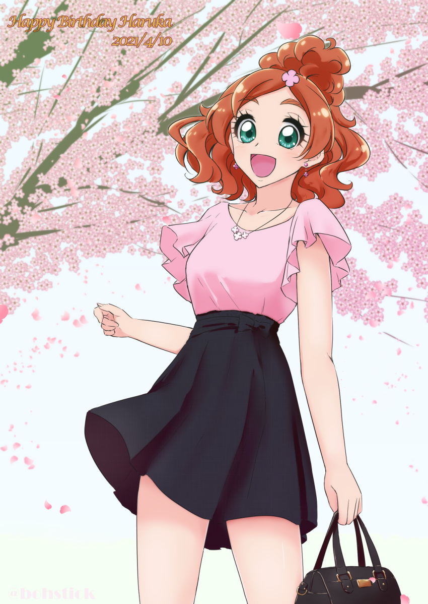 1girl 2021 :d bag bangs black_skirt boh_stick brown_hair character_name cherry_blossoms collarbone dated earrings flower go!_princess_precure green_eyes hair_flower hair_ornament happy_birthday haruno_haruka high-waist_skirt highres holding holding_bag jewelry long_hair miniskirt open_mouth parted_bangs pendant pink_flower pink_shirt precure shiny shiny_hair shirt skirt smile solo spring_(season) standing