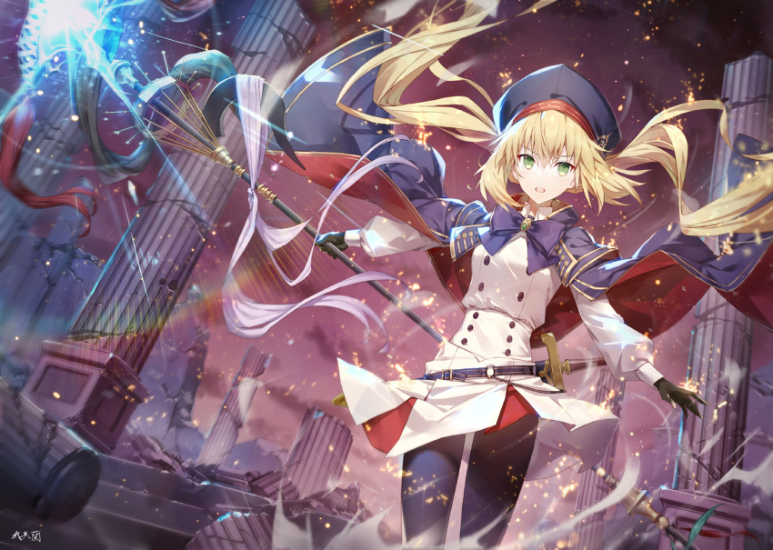 1girl artoria_pendragon_(caster)_(fate) artoria_pendragon_(fate) bangs belt beret black_gloves black_legwear blonde_hair blue_cape blue_headwear blush breasts buttons cape double-breasted dress fate/grand_order fate_(series) gabiran gloves green_eyes hat holding holding_staff hood hooded_cape long_hair long_sleeves looking_at_viewer multicolored multicolored_cape multicolored_clothes pantyhose red_cape small_breasts staff thighs twintails white_dress