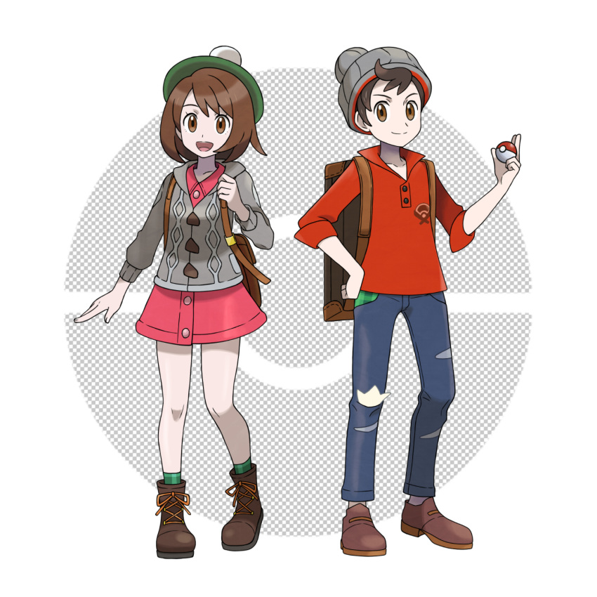 1boy 1girl :d asatsuki_(fgfff) backpack bag beanie boots brown_bag brown_eyes brown_footwear brown_hair buttons cable_knit cardigan collared_dress commentary_request denim dress gloria_(pokemon) green_headwear green_legwear grey_cardigan grey_headwear hand_up hat highres holding holding_poke_ball holding_strap hooded_cardigan jeans knees official_style open_mouth pants pink_dress plaid plaid_legwear poke_ball poke_ball_(basic) pokemon pokemon_(game) pokemon_swsh red_shirt shirt shoes sleeves_rolled_up smile socks standing suitcase tam_o'_shanter tongue torn_clothes torn_jeans torn_pants victor_(pokemon)