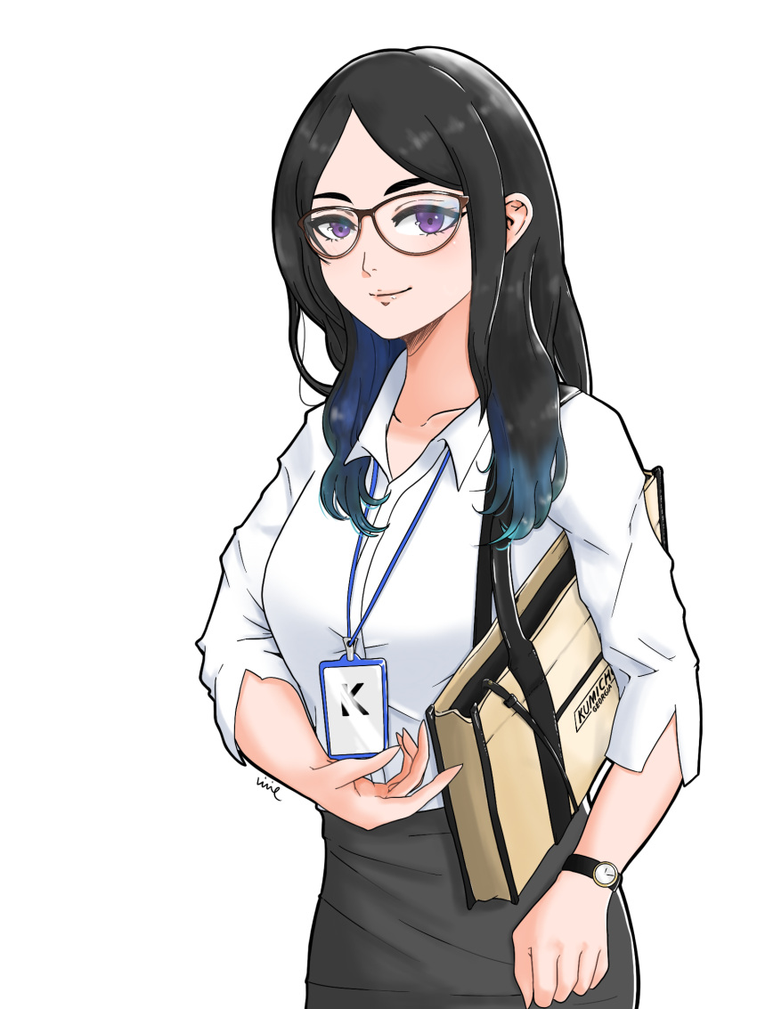 1girl alternate_costume bag black_hair breasts collarbone colored_tips dress_shirt glasses highres id_card indie_virtual_youtuber kson lanyard light_smile long_hair medium_breasts office_lady pencil_skirt shirt shoulder_bag siciriana skirt solo transparent_background violet_eyes watch watch