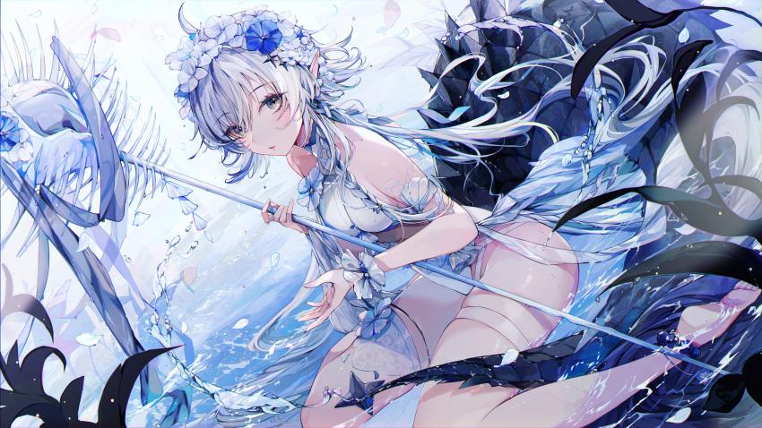 1girl absurdres anklet arknights bangs bare_shoulders barefoot beads blue_flower braid breasts brown_eyes casual_one-piece_swimsuit crocodilian_tail dutch_angle eyebrows_visible_through_hair flower hair_flower hair_ornament highres holding holding_staff huge_filesize hutuu_(1121) jewelry large_tail long_hair looking_at_viewer medium_breasts official_alternate_costume one-piece_swimsuit parted_lips petals pointy_ears scales seashell shallow_water shell side_braid silver_hair sitting solo staff swimsuit tail thigh_strap tomimi_(arknights) tomimi_(silent_night)_(arknights) very_long_hair wariza water white_flower white_swimsuit