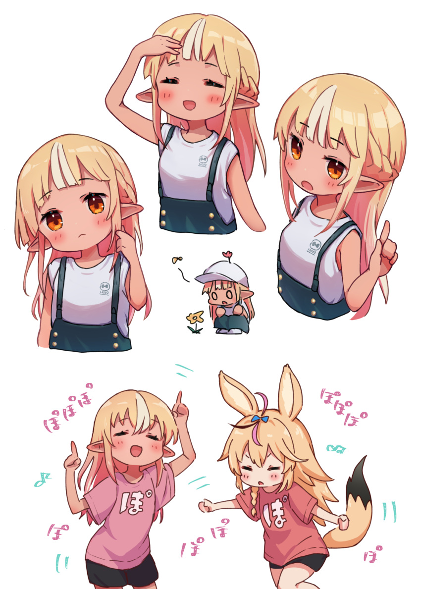 2girls :d animal_ears arm_up bare_arms bare_shoulders baseball_cap black_shorts blonde_hair blush braid closed_eyes duplicate flower fox_ears fox_girl fox_tail hand_up hat head_tilt highres hololive index_finger_raised long_hair multicolored_hair multiple_girls multiple_views omaru_polka open_mouth overall_shorts overalls pink_shirt pixel-perfect_duplicate pointy_ears red_eyes red_shirt sasaki_(glass1138) shiranui_flare shirt short_shorts shorts sleeveless sleeveless_shirt smile squatting streaked_hair tail tan translation_request very_long_hair virtual_youtuber white_hair white_headwear white_shirt yellow_flower