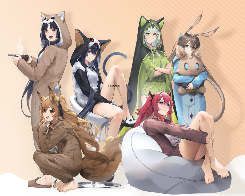 6+girls :d absurdres amiya_(arknights) animal_ears arknights bangs barefoot black_hair blaze_(arknights) blue_eyes brown_background brown_eyes brown_hair cat_ears cat_girl cat_tail ceobe_(arknights) chair closed_mouth dog_ears dog_girl doll green_eyes highres holding horns kal'tsit_(arknights) long_hair long_sleeves looking_at_viewer lufi_ays medium_hair multiple_girls object_hug onesie open_mouth pajamas rabbit_ears rabbit_girl redhead saga_(arknights) sandals sitting sleepover sleeves_past_elbows smile stuffed_animal stuffed_toy surtr_(arknights) tail toes violet_eyes