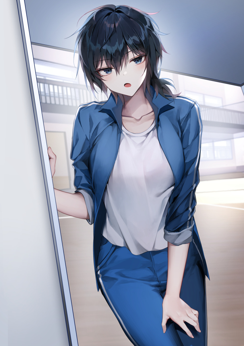 1girl :o absurdres bangs bara_(03_bara_) black_hair blue_eyes blue_jacket blue_pants blush breasts collarbone commentary_request cowboy_shot eyebrows_visible_through_hair hair_between_eyes hand_on_own_thigh highres jacket large_breasts long_sleeves looking_at_viewer medium_hair open_clothes open_jacket open_mouth original pants school_uniform shirt solo standing white_shirt yokoyama_ishimi