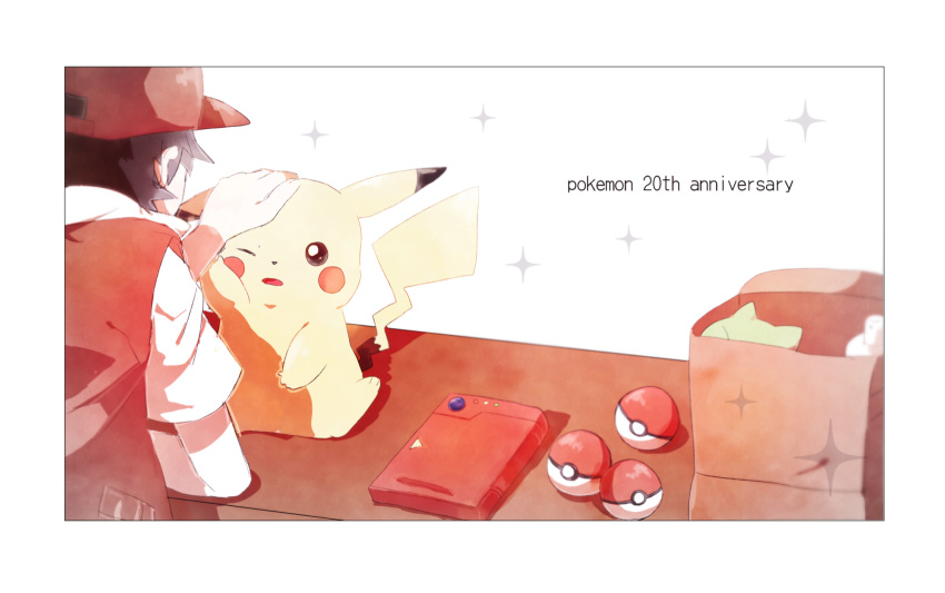 1boy anniversary bag baseball_cap border commentary_request copyright_name gen_1_pokemon hat headpat highres jacket male_focus nao_(naaa_195) number pikachu poke_ball poke_ball_(basic) pokedex pokemon pokemon_(creature) pokemon_(game) pokemon_rgby red_(pokemon) red_headwear short_sleeves sparkle substitute_(pokemon) table white_border