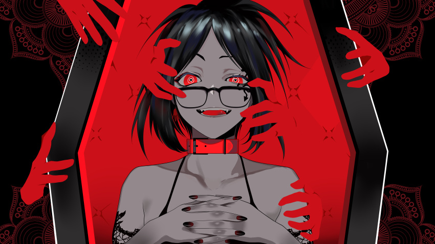 1girl absurdres black_hair black_nails blending coffin collar disembodied_limb eye_(vocaloid) eyelashes fingernails glasses hands_on_another's_head hands_over_breasts heart heart-shaped_pupils highres kamiesisyanon kson lace limited_palette looking_at_viewer open_mouth padding red_eyes solo symbol-shaped_pupils upper_body vocaloid
