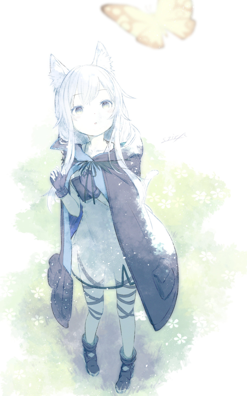 1girl absurdres animal_ear_fluff animal_ears arknights bangs blush boots bug butterfly cat_ears cat_girl cloak cy_fros dress fingerless_gloves gloves highres hood hood_down hooded_cloak infection_monitor_(arknights) long_hair rosmontis_(arknights) silver_hair solo thigh_strap white_dress
