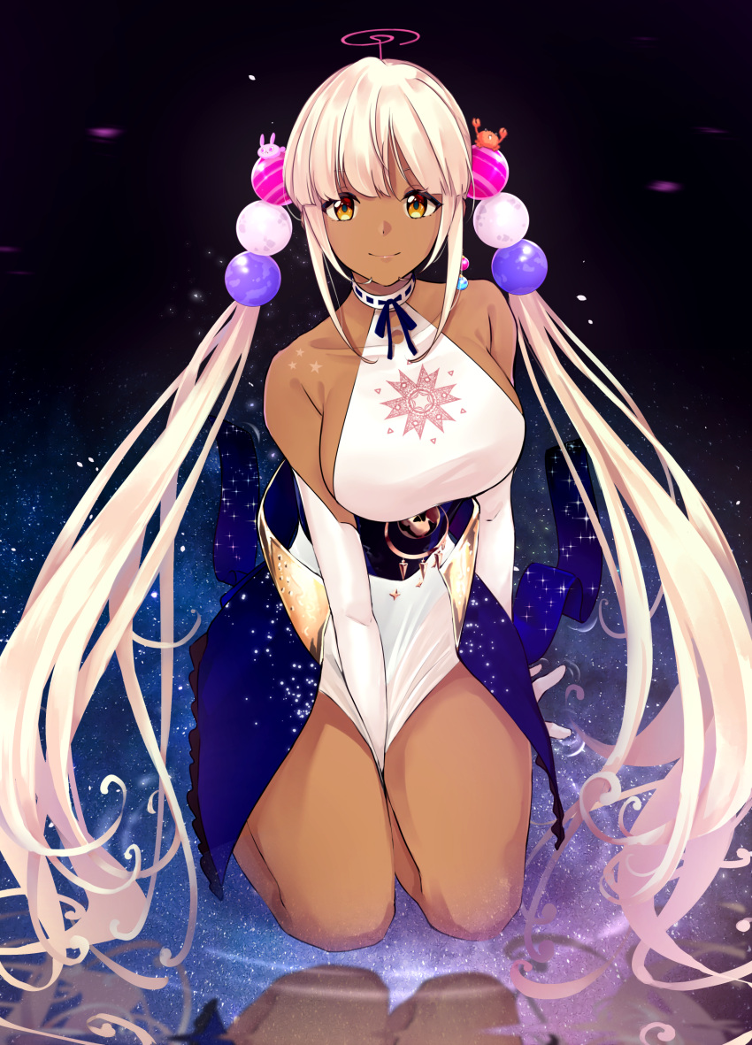 1girl absurdres between_legs blonde_hair blue_neckwear blue_ribbon breasts closed_mouth coattails commentary dark-skinned_female dark_skin dress earrings elbow_gloves english_commentary full_body gloves hand_between_legs headpiece highres hololive hololive_english jewelry large_breasts len_cordova lips long_hair looking_at_viewer neck_ribbon orange_eyes planet_earrings planet_hair_ornament reflection ribbon ripples see-through seiza sideboob single_earring sitting sky smile solo space star_(sky) starry_sky thighs tsukumo_sana twintails underbust very_long_hair virtual_youtuber white_dress white_gloves
