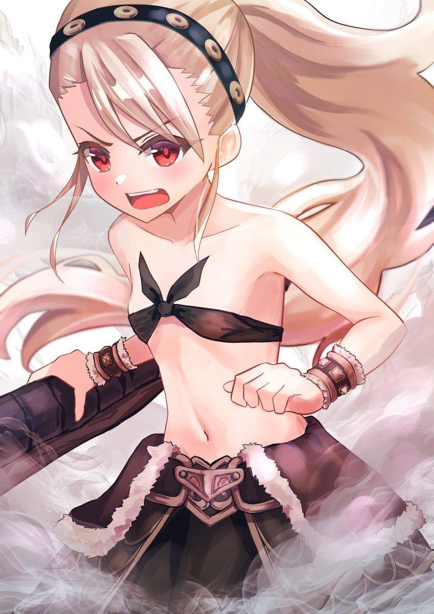 1girl absurdres bandeau bangs bare_shoulders belt blush breasts clouds cloudy_sky collarbone cosplay eyebrows_visible_through_hair fate/kaleid_liner_prisma_illya fate_(series) fur_trim hair_between_eyes headband heracles_(fate) heracles_(fate)_(cosplay) highres illyasviel_von_einzbern long_hair looking_at_viewer navel open_mouth pan_korokorosuke ponytail prisma_illya red_eyes sidelocks sky small_breasts solo sword waist_cape weapon white_hair wrist_cuffs