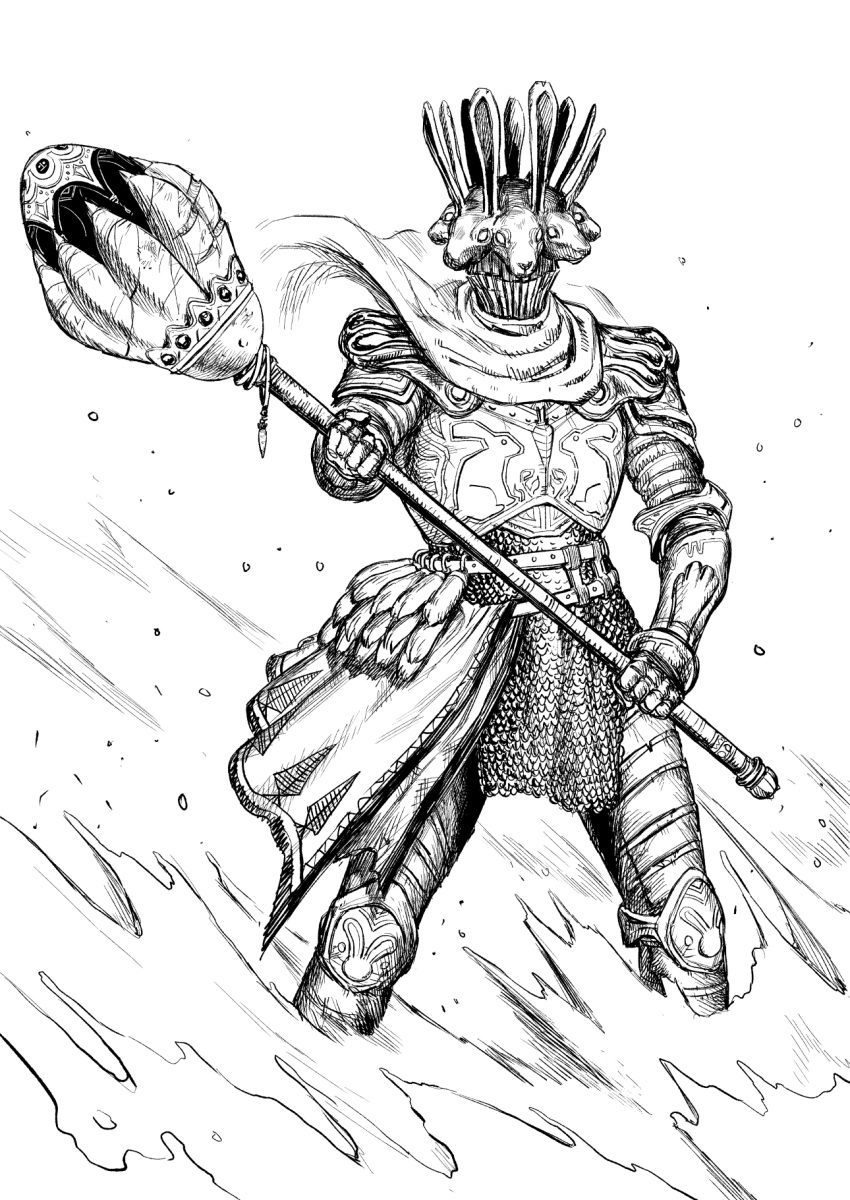 1other ambiguous_gender armor breastplate cape chainmail commentary english_commentary facing_viewer full_armor gauntlets greaves greyscale helmet highres holding holding_polearm holding_weapon making-of_available monochrome original polearm solo standing two-handed weapon y_naf