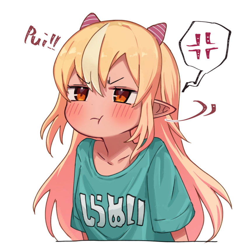 1girl :t anger_vein bangs blonde_hair blush closed_mouth clothes_writing cropped_torso eyebrows_visible_through_hair green_shirt highres hololive long_hair looking_away multicolored_hair pointy_ears pout red_eyes romaji_text sasaki_(glass1138) shiranui_flare shirt short_sleeves simple_background solo spoken_anger_vein streaked_hair tan translation_request upper_body v-shaped_eyebrows very_long_hair virtual_youtuber white_background white_hair