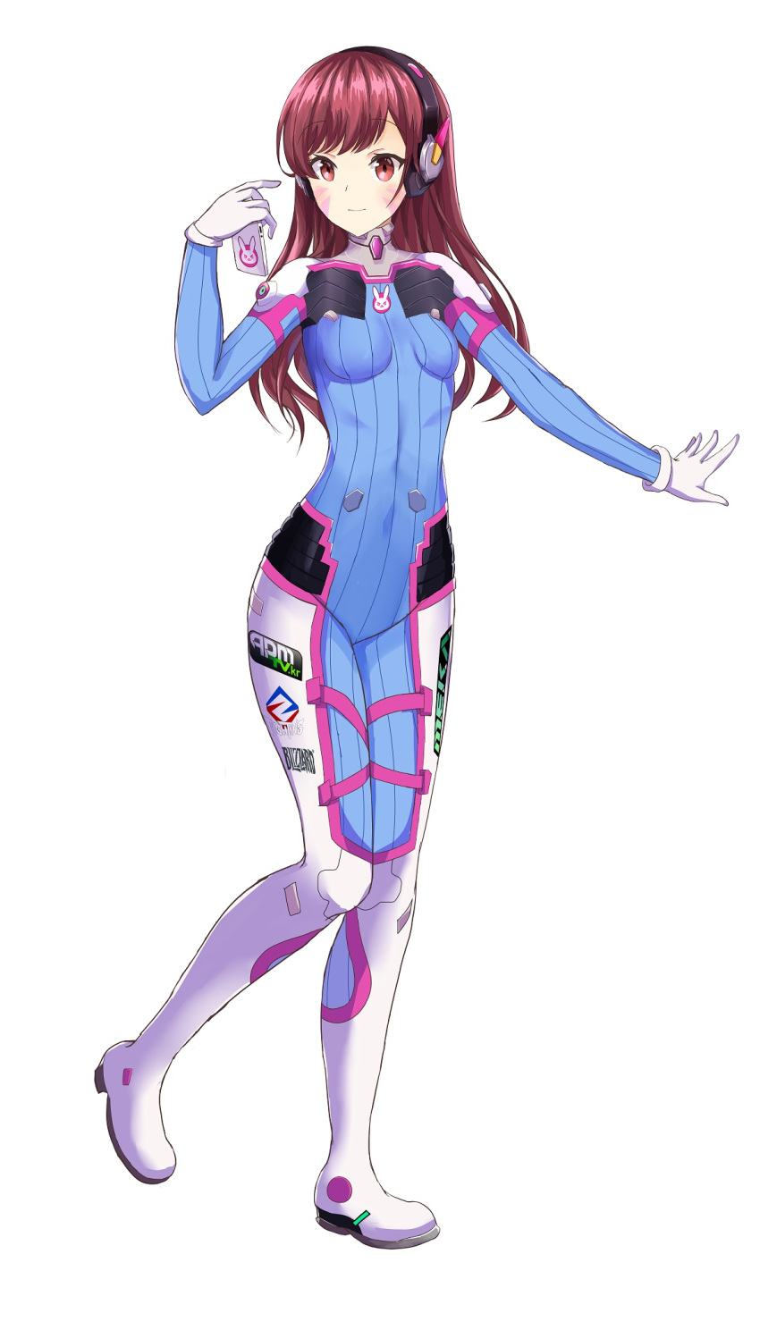 1girl animal_print bangs blue_bodysuit bodysuit breasts brown_eyes brown_hair bunny_print commentary d.va_(overwatch) eyebrows_visible_through_hair facepaint facial_mark gloves headphones highres long_hair overwatch phone pilot_suit ribbed_bodysuit shoulder_pads skin_tight small_breasts standing standing_on_one_leg swept_bangs whisker_markings white_background white_gloves yoga_(29985496)