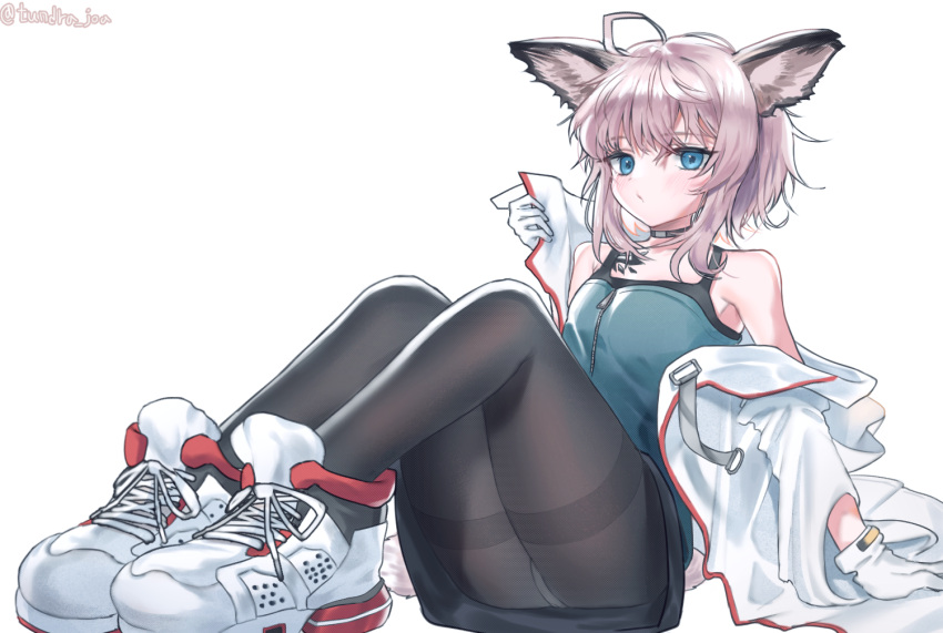 1girl ahoge animal_ears arknights arm_support bare_shoulders black_choker black_legwear blue_eyes blue_shirt blush breasts brown_hair choker commentary_request fox_ears fox_girl fox_tail gloves jacket looking_at_viewer off_shoulder open_clothes open_jacket oripathy_lesion_(arknights) pantyhose removing_jacket shipi_(qlenf0715) shirt shoes short_hair simple_background small_breasts solo sussurro_(arknights) tail thighs twitter_username white_background white_footwear white_gloves white_jacket zipper_pull_tab
