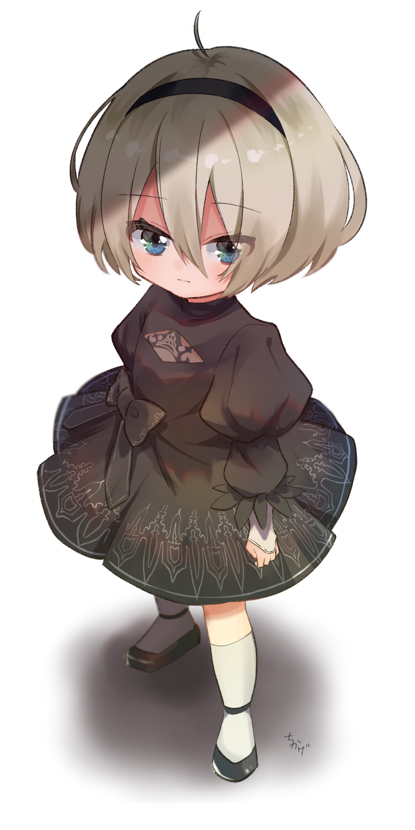 1girl absurdres black_dress black_footwear blue_eyes chikage_(1000_shade) child clenched_hand dress full_body grey_hair hairband highres kneehighs looking_at_viewer nier_(series) nier_automata shoes short_hair simple_background solo white_background white_legwear yorha_no._2_type_b younger