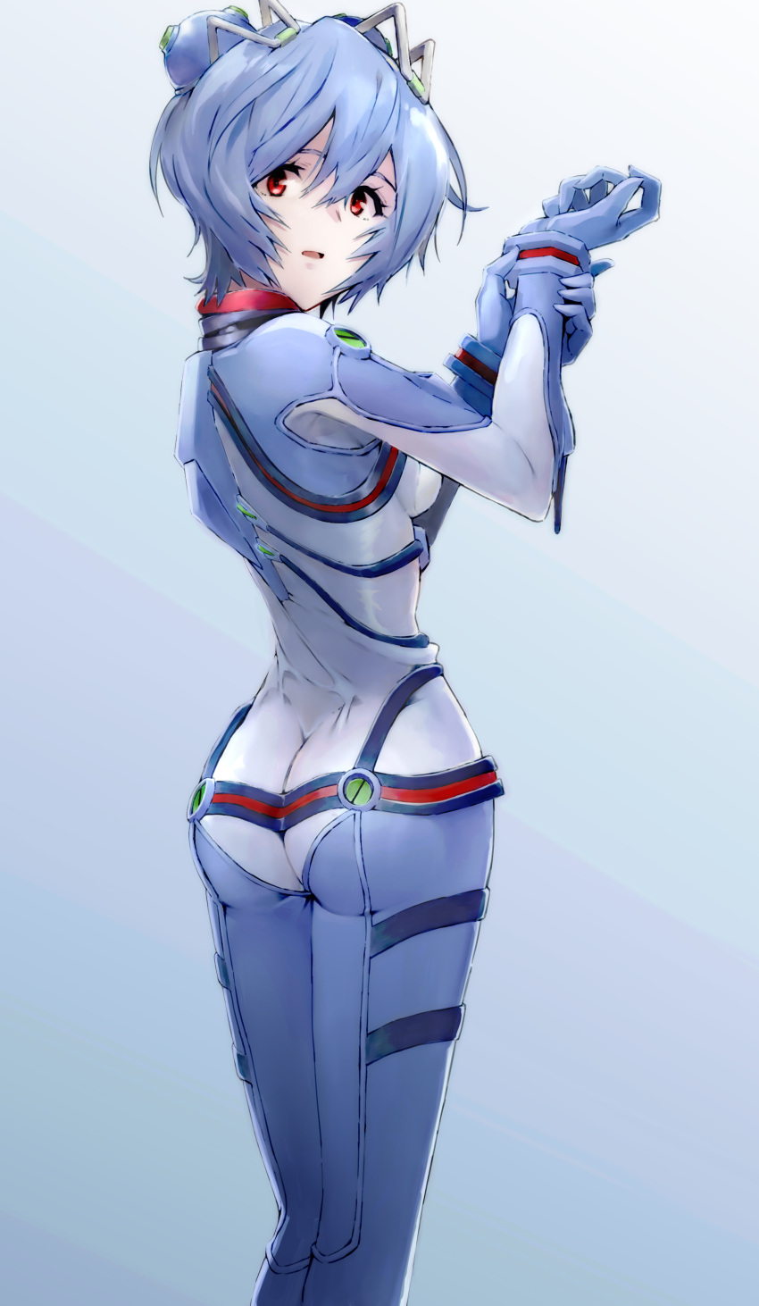 1girl absurdres ass ayanami_rei blue_bodysuit blue_hair bodysuit breasts evangelion:_3.0+1.0_thrice_upon_a_time hairpods highres multicolored multicolored_bodysuit multicolored_clothes neon_genesis_evangelion pilot_suit plugsuit rebuild_of_evangelion red_eyes short_hair skin_tight small_breasts solo test_plugsuit white_bodysuit yagisawa_teru