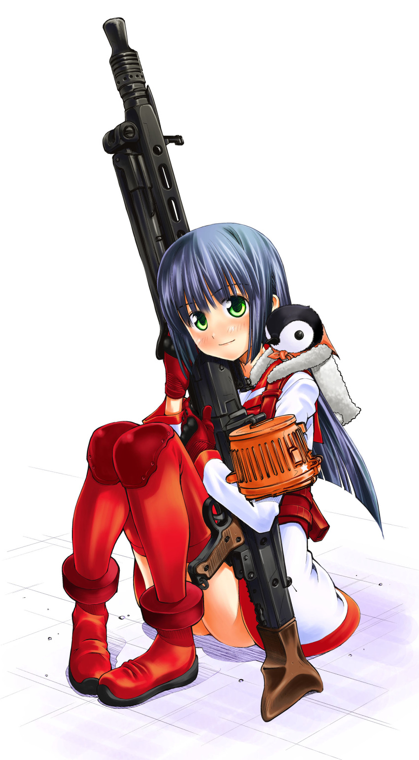 1girl absurdres animal_on_shoulder bangs bird black_hair closed_mouth commentary_request dress eyebrows_visible_through_hair gloves green_eyes gun highres holding holding_gun holding_weapon kusano_kouichi long_hair long_sleeves looking_at_viewer machine_gun mg42 original penguin red_footwear red_gloves red_legwear shoes short_dress sitting smile solo thigh-highs weapon white_dress