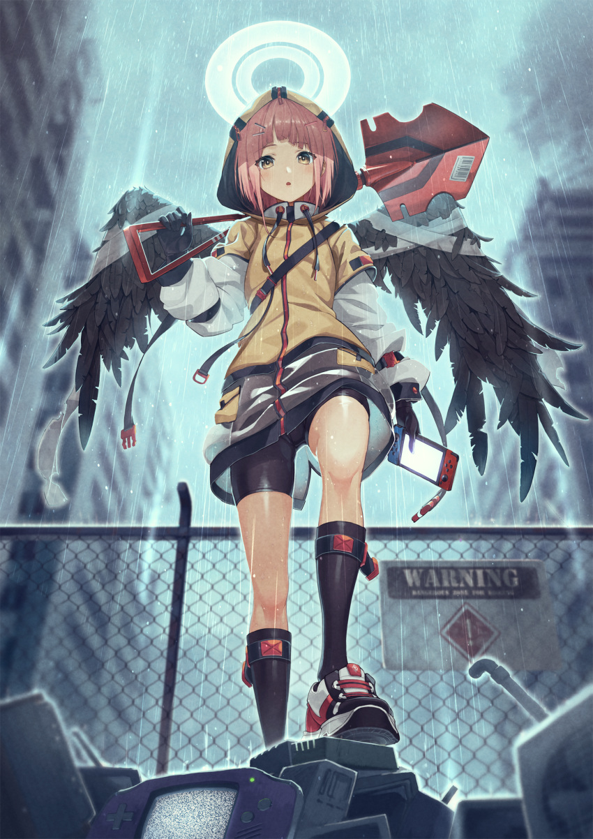 1girl angel_wings backlighting bangs barcode bike_shorts black_gloves black_shorts black_wings blunt_bangs blush building chain-link_fence character_request copyright_request day drawstring eyebrows_visible_through_hair feathered_wings fence from_below game_boy_advance gloves hair_ornament hairclip halo handheld_game_console highres holding holding_shovel hood hood_up hooded_jacket jacket kabu_(niniko2ko) kneehighs knees layered_sleeves long_sleeves looking_at_viewer nintendo_switch object_request outdoors overcast pink_hair rain shoes short_hair short_over_long_sleeves short_sleeves shorts shovel sign skindentation skinny sky skyscraper sneakers solo standing urban warning_sign wings yellow_eyes