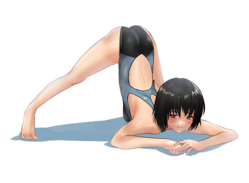 1girl amagami ass back bare_back black_hair black_swimsuit blue_swimsuit blush breasts brown_eyes clenched_hand commentary competition_swimsuit full_body highres jack-o'_challenge looking_at_viewer nanasaki_ai narrowed_eyes one-piece_swimsuit raised_eyebrows shaded_face shadow short_hair simple_background small_breasts smile solo swimsuit toes tomboy top-down_bottom-up two-tone_swimsuit white_background ykh1028