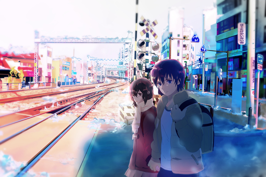 1boy 1girl backpack bag bangs black_hair blue_eyes boku_dake_ga_inai_machi bollard brown_eyes brown_hair brown_skirt building city cityscape closed_mouth coat commentary down_jacket from_side fujinuma_satoru hair_between_eyes highres hinazuki_kayo holding_hands holding_strap jacket looking_at_viewer looking_to_the_side outdoors overcast parted_lips pink_mittens pleated_skirt railroad_crossing railroad_signal railroad_tracks red_coat road road_sign scarf shirt short_hair short_sleeves side-by-side sign skirt snow t-shirt taiji_(th7kmwr) toggles upper_body utility_pole walking white_shirt yellow_neckwear yellow_scarf