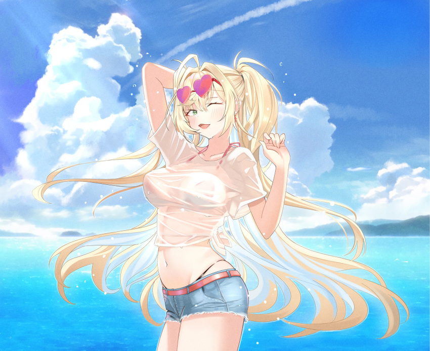 1girl arm_behind_head bikini blonde_hair blue_sky blush bra breasts denim denim_shorts earrings eyebrows_visible_through_hair eyewear_on_head feet_out_of_frame green_eyes hair_ornament hairclip hand_up highres jewelry lips long_hair looking_at_viewer lying medium_breasts navel ocean on_side one_eye_closed open_mouth original ponytail red_bikini red_bra shirt shorts simple_background sky smile solo standing swimsuit underwear water wet wet_clothes wet_shirt xiaoxiao_de_kuangsan