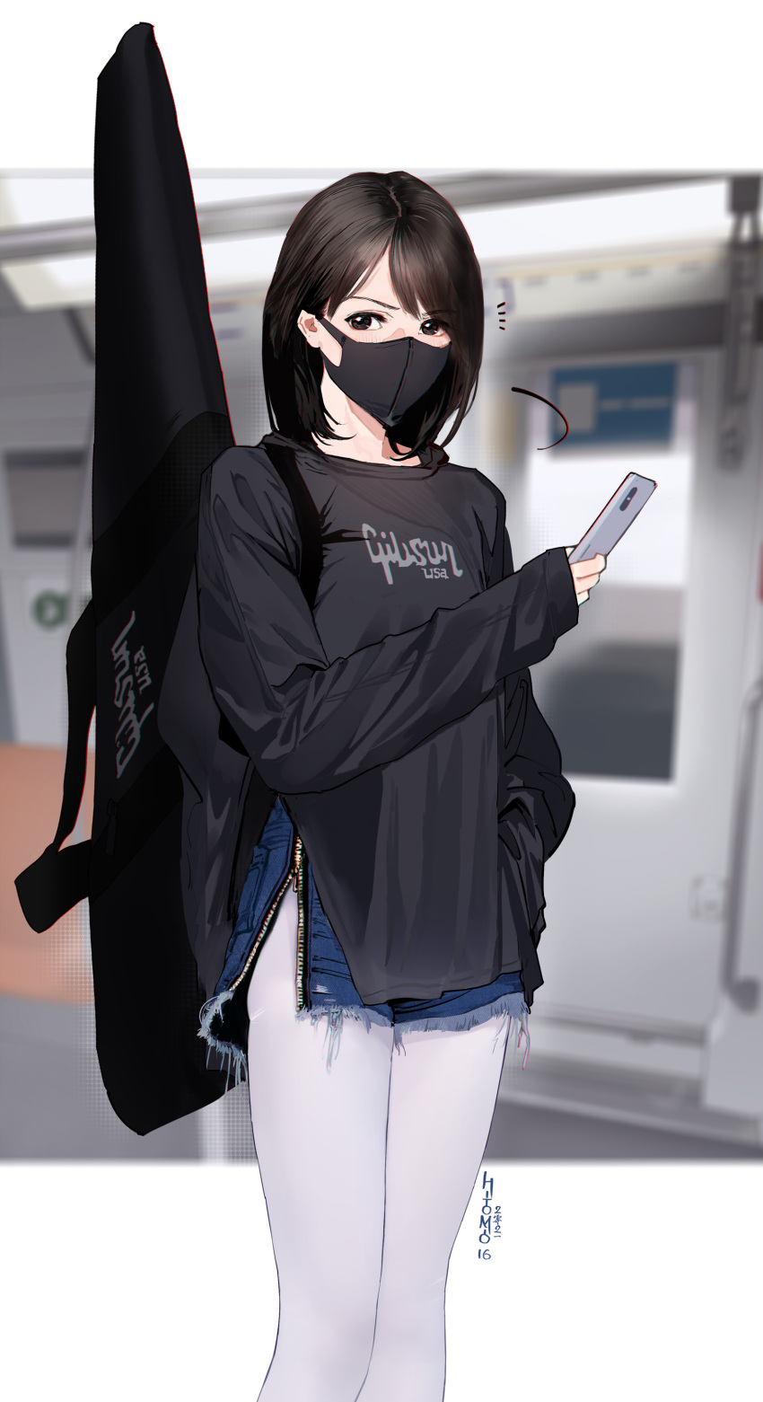 1girl absurdres artist_name bangs black_sweater brown_eyes brown_hair cellphone clothes_writing cutoffs denim eyebrows_visible_through_hair feet_out_of_frame guitar_case hand_in_pocket highres hitomi_o holding holding_phone instrument_case long_sleeves looking_at_viewer mask motion_lines mouth_mask notice_lines original outside_border pantyhose phone short_hair smartphone solo standing sweater swept_bangs train_interior unzipped v-shaped_eyebrows white_legwear zipper