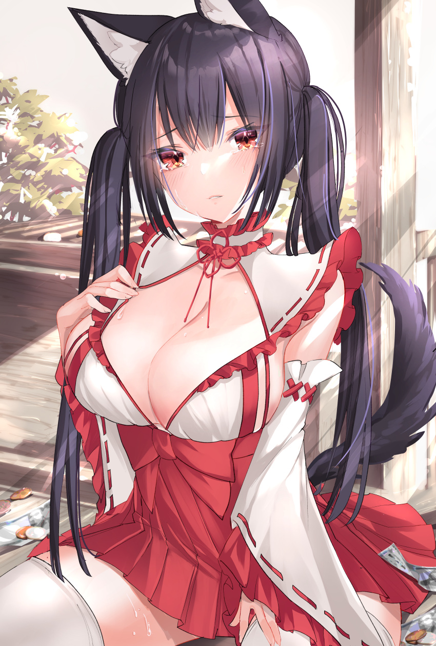 1girl absurdres animal_ear_fluff animal_ears black_hair blush bow breasts choker coin commentary_request fox_ears fox_tail frilled_choker frilled_shirt_collar frilled_sleeves frills highres huge_filesize japanese_clothes large_breasts long_hair long_sleeves looking_at_viewer miko nontraditional_miko original partial_commentary paru_(parucom) pleated_skirt red_bow red_eyes red_ribbon red_skirt ribbon ribbon-trimmed_collar ribbon-trimmed_sleeves ribbon_trim sideboob sitting skirt solo tail thigh-highs tree twintails very_long_hair white_legwear wide_sleeves