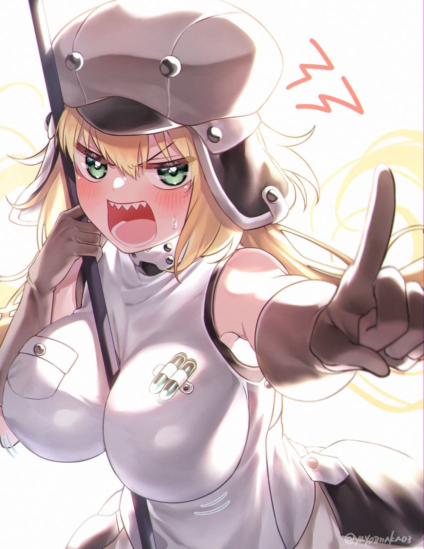 1girl artoria_pendragon_(caster)_(fate) artoria_pendragon_(fate) bangs blonde_hair blush breasts check_commentary commentary commentary_request dress fate/grand_order fate_(series) gloves green_eyes grey_dress grey_gloves grey_headwear hat highres holding holding_staff long_hair looking_at_viewer open_mouth pointing pointing_at_viewer sharp_teeth sleeveless sleeveless_dress solo staff teeth twintails yayoi_maka