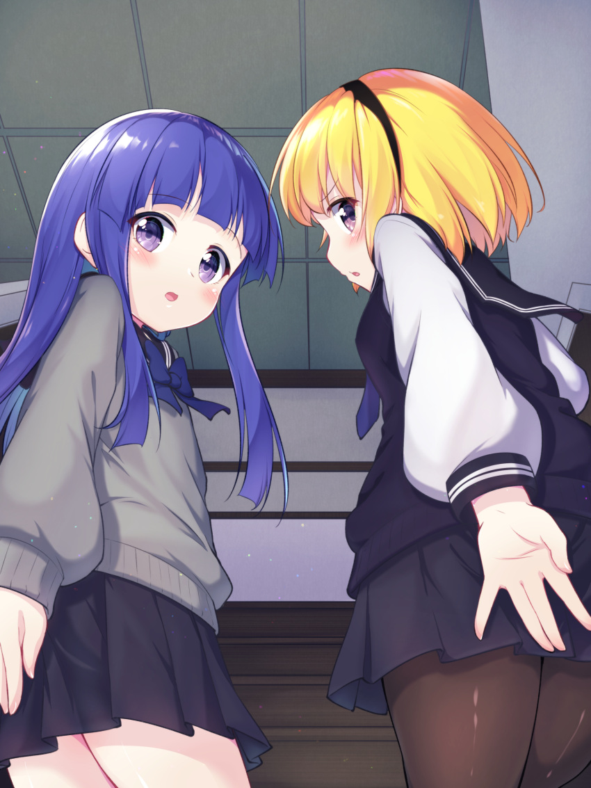 2girls absurdres bangs black_legwear black_skirt black_sweater blonde_hair blue_hair blunt_bangs blush commentary_request covering covering_ass from_behind from_below furude_rika grey_sweater hairband hazumi_otoya highres higurashi_no_naku_koro_ni houjou_satoko indoors long_hair looking_at_viewer looking_back multiple_girls open_mouth pantyhose school_uniform short_hair skirt stairs sweater thighs violet_eyes white_sleeves