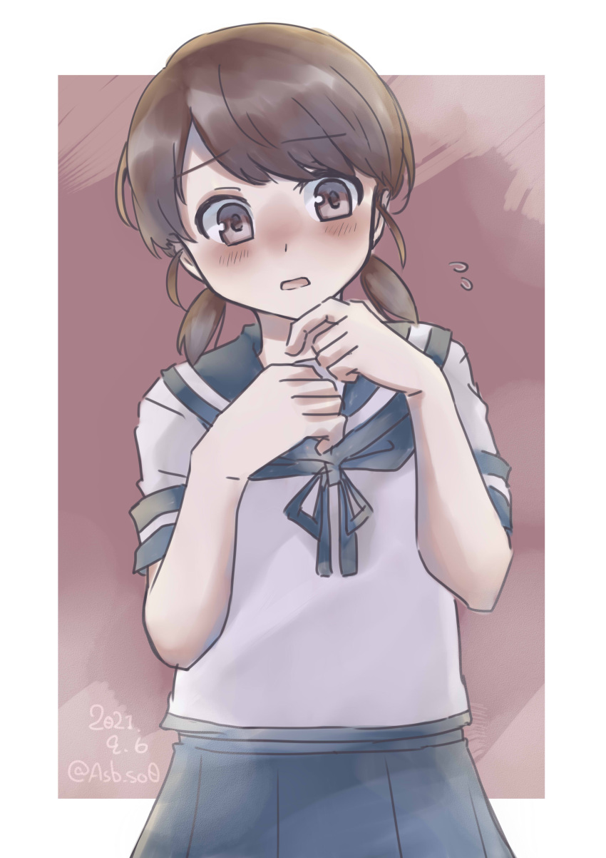 1girl absurdres asaba_shiori bangs blue_sailor_collar blue_skirt blush brown_eyes brown_hair collared_shirt commentary_request cowboy_shot highres kantai_collection looking_at_viewer low_twintails neckerchief nose_blush one-hour_drawing_challenge parted_bangs pleated_skirt sailor_collar school_uniform serafuku shirayuki_(kancolle) shirt short_hair short_twintails skirt solo twintails