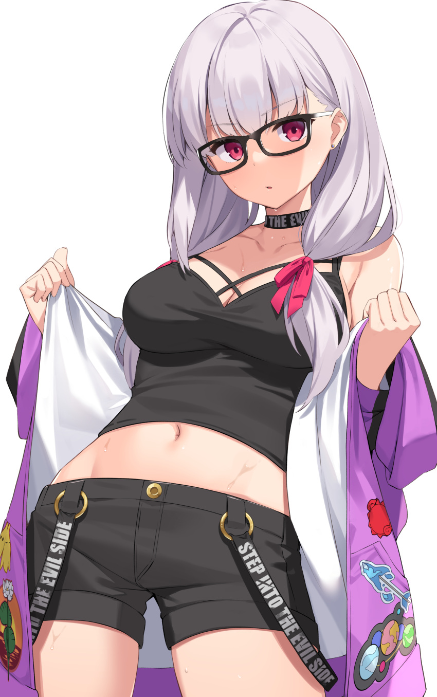 1girl absurdres bare_shoulders black-framed_eyewear black_choker black_shirt black_shorts breasts choker collarbone cowboy_shot crop_top fate/grand_order fate_(series) glasses highres jacket kama_(fate) long_hair long_sleeves looking_at_viewer medium_breasts midriff navel off_shoulder open_clothes open_jacket parted_lips purple_jacket red_eyes shirt short_shorts shorts sleeveless sleeveless_shirt solo suiroh_(shideoukami) sweat white_hair