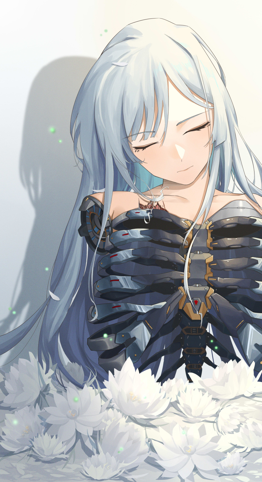 1girl absurdres ak-12_(girls'_frontline) android bangs chinese_commentary closed_eyes closed_mouth collarbone commentary_request cy9 eyebrows_visible_through_hair flower girls_frontline gradient gradient_background highres long_hair missing_limb silver_hair simple_background skeleton solo upper_body white_flower