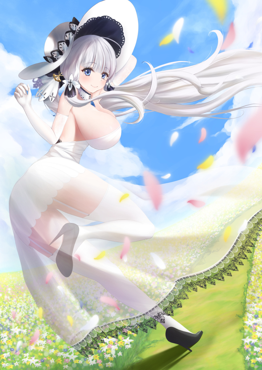1girl arm_behind_head azur_lane backless_dress backless_outfit black_footwear blue_eyes blue_sky breasts clouds collar detached_collar dress dutch_angle elbow_gloves flower from_behind full_body garter_straps gloves grass hat high_heels highres huge_breasts illustrious_(azur_lane) lace-trimmed_dress lace-trimmed_headwear lace_trim leaning_forward leg_up long_hair looking_at_viewer looking_back outdoors petals see-through_dress shoes sky sleeveless sleeveless_dress smile solo stiletto_heels sun_hat usagidanshaku very_long_hair white_collar white_dress white_flower white_gloves white_hair white_headwear white_legwear