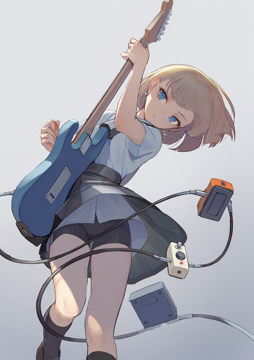 1girl absurdres bangs bike_shorts bike_shorts_under_skirt black_footwear black_legwear black_shorts black_skirt blonde_hair blue_eyes boots brown_hair cable commentary crotch_seam earrings electric_guitar grey_background grey_shirt guitar high-waist_skirt highres holding holding_instrument instrument jewelry kneehighs kurobuta_gekkan mismatched_earrings object_request original piercing pleated_skirt plectrum shirt shirt_tucked_in short_hair short_sleeves shorts simple_background skirt solo standing uniform upskirt