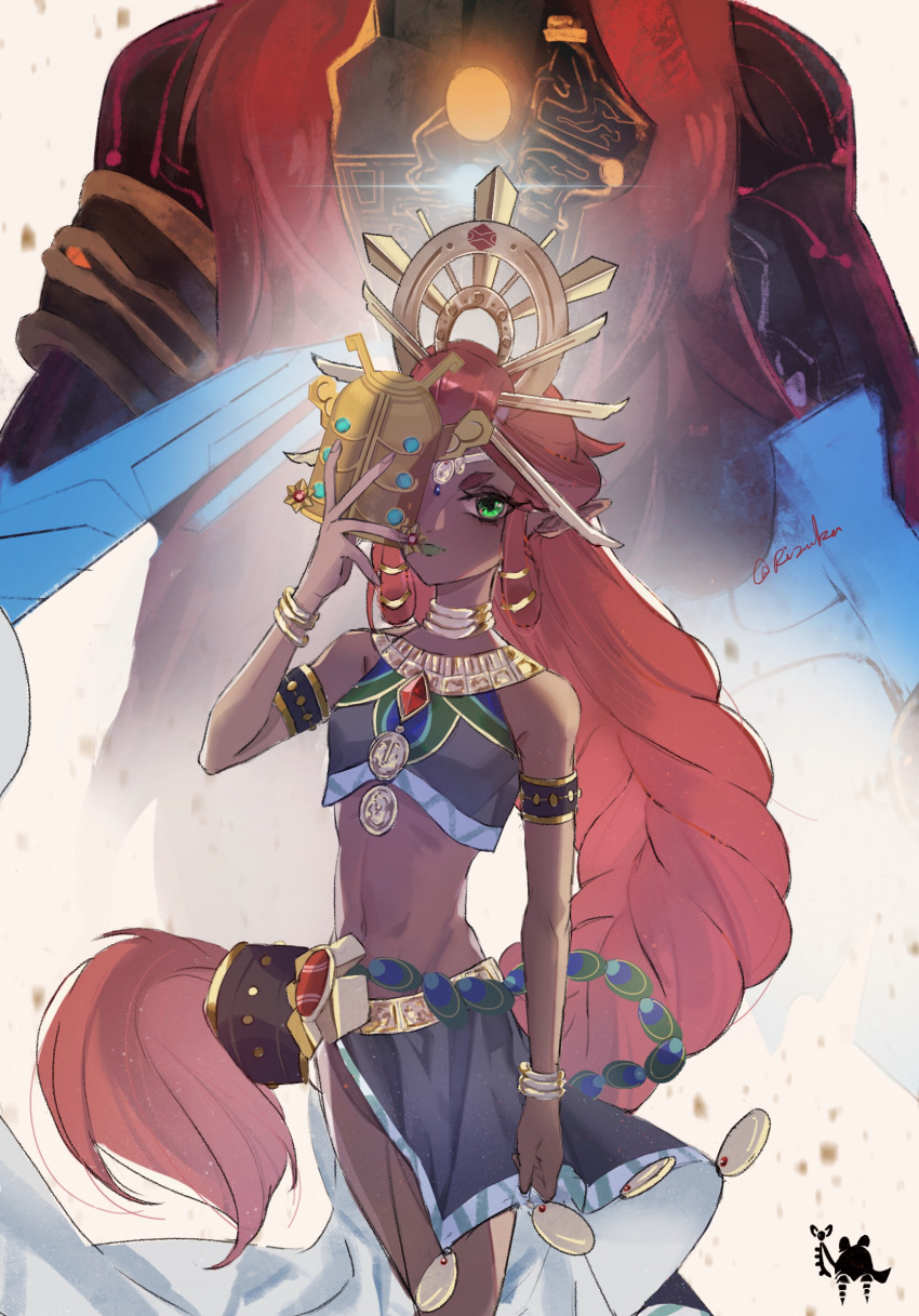 1girl armlet bracelet braid circlet crop_top english_commentary eyelashes flat_chest ganondorf gerudo green_eyes green_lips hair_tubes head_out_of_frame headdress highres holding holding_mask jewelry long_braid long_hair mask navel neck_ring one_eye_covered pointy_ears redhead riju rizuka side_slit signature single_braid skirt solo_focus the_legend_of_zelda the_legend_of_zelda:_breath_of_the_wild thick_eyebrows very_long_hair watermark