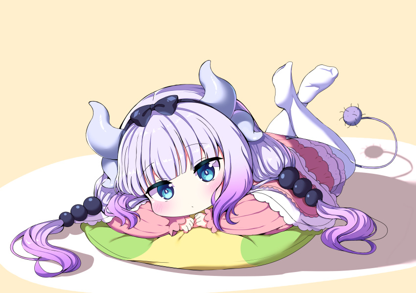 1girl absurdres bangs beads blue_eyes blunt_bangs bow dragon_girl dragon_horns dress feet full_body hair_beads hair_bow hair_ornament highres horns kanna_kamui kobayashi-san_chi_no_maidragon legs_up long_hair looking_at_viewer low_twintails lying on_stomach pillow pink_dress pink_hair ribbon soles solo tail thigh-highs twintails white_legwear yukki_bunny