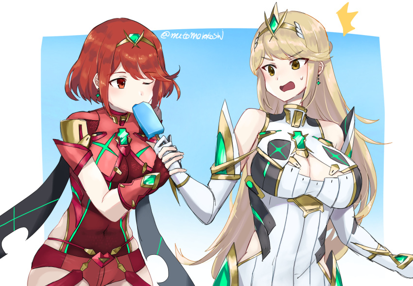 2girls blonde_hair breasts eating food gem hair_ornament headpiece highres jewelry licking long_hair multiple_girls mythra_(xenoblade) nintendo popsicle pyra_(xenoblade) redhead selfcest short_hair tiara user_rzfk3752 very_long_hair xenoblade_chronicles_(series) xenoblade_chronicles_2